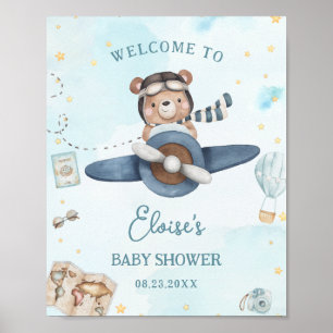 Adventure Cute Bear Blue Plane Boy Baby Shower Poster