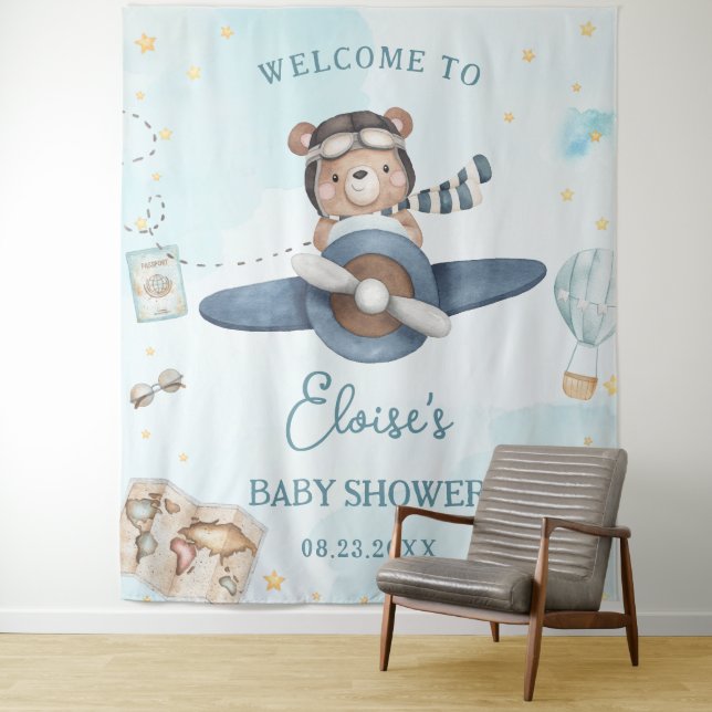 Adventure Cute Bear Blue Plane Boy Baby Shower Tapestry (In Situ)