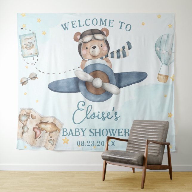 Adventure Cute Bear Blue Plane Boy Baby Shower Tapestry (In Situ (Horizontal))