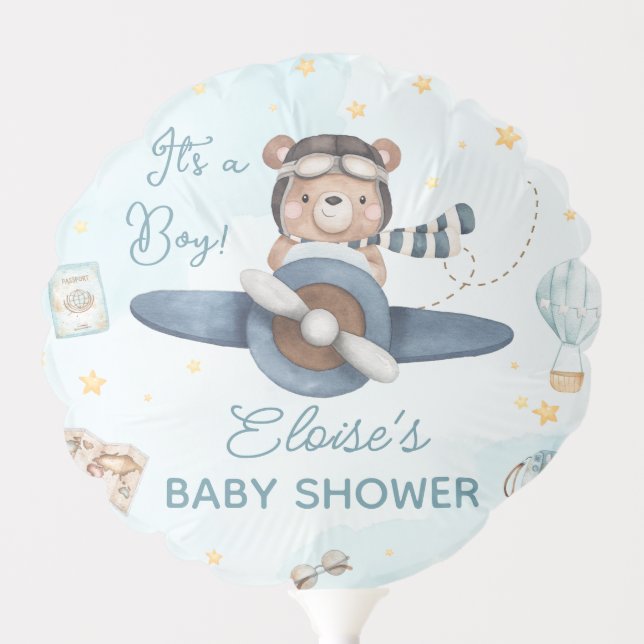 Adventure Cute Bear Blue Plane Oh Boy Baby Shower Balloon (Front)