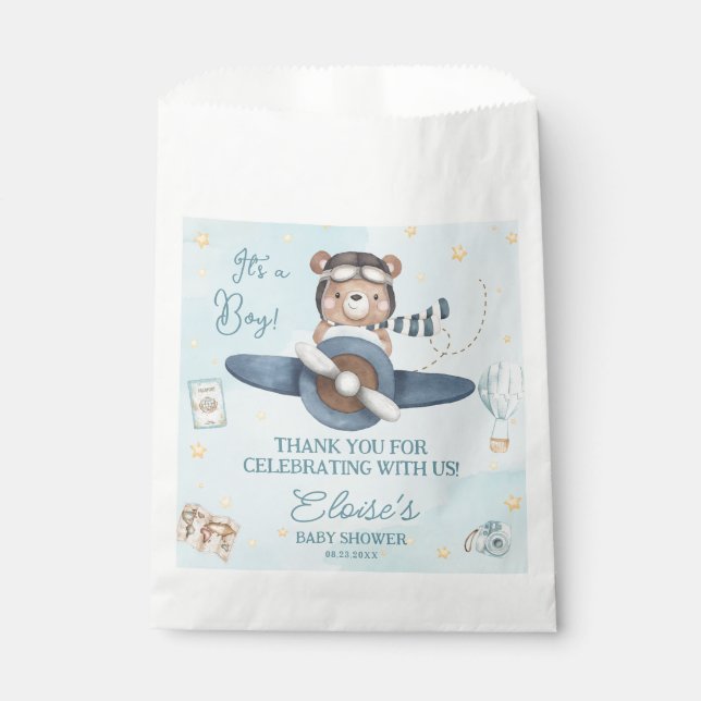 Adventure Cute Bear Blue Plane Oh Boy Baby Shower Favor Bag (Front)