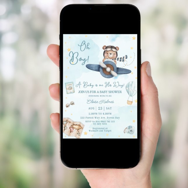 Adventure Cute Bear Blue Plane Oh Boy Baby Shower Invitation (Front Digital)