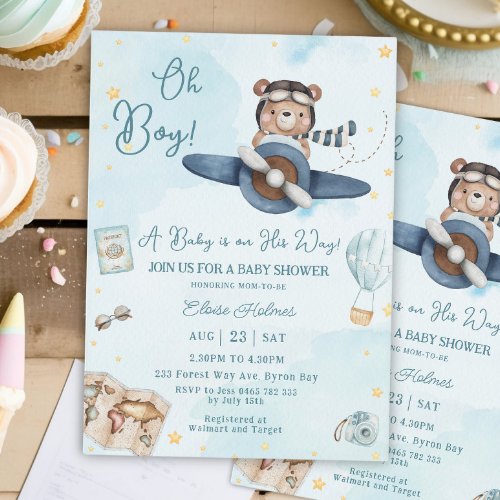 Adventure Cute Bear Blue Plane Oh Boy Baby Shower Invitation