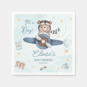 Adventure Cute Bear Blue Plane Oh Boy Baby Shower Napkins