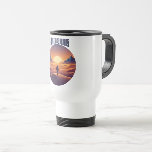 Adventure Desert Tee — Chasing Dunes & Desert Sky Travel Mug (Front Right)