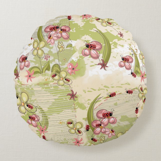 Adventure Ditsy Ladybirds Round Pillow (Front)
