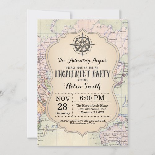 Adventure Engagement Party Map Travel World Invitation