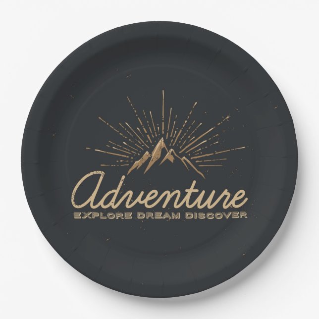 Adventure Explore Dream Discover Typography Paper Plates (Front)