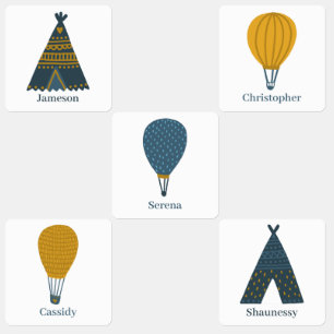 Adventure explore tent camping balloon blue gold kids' labels