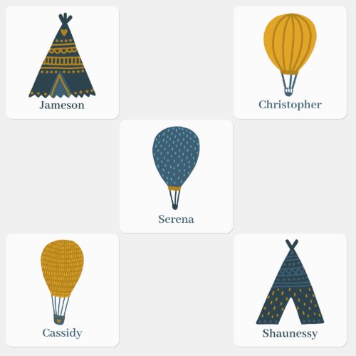 Adventure explore tent camping balloon blue gold kids labels
