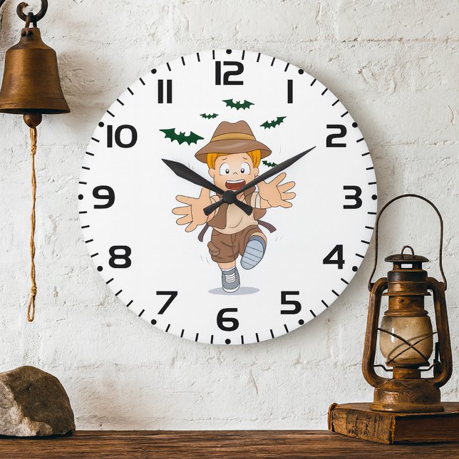 Adventure Explorer Kid Running from Bats Large Clock (Creator Uploaded)