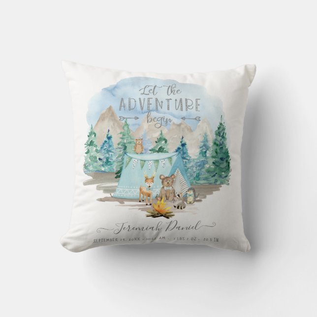 Adventure Forest Animals Camp Baby Boy Birth Stats Throw Pillow (Front)
