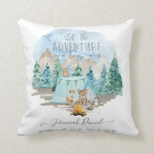 Adventure Forest Animals Camp Baby Boy Birth Stats Throw Pillow
