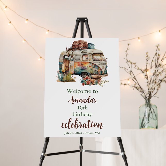 Adventure Forest Camper Birthday Welcome Sign (In Situ (Stand))