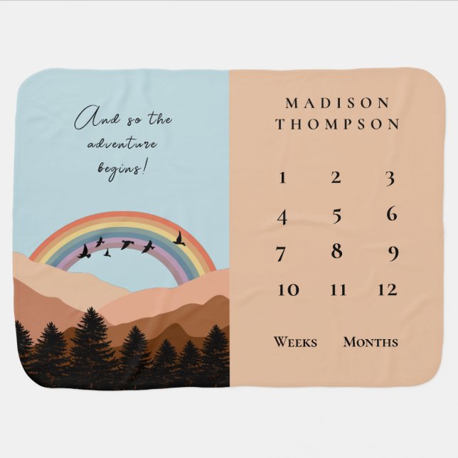 Adventure Forest Rainbow Birds Milestone  Baby Blanket (Horizontal)