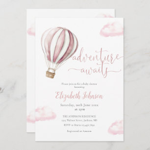 Adventure Girl Pink Hot Air Balloon Baby Shower Invitation