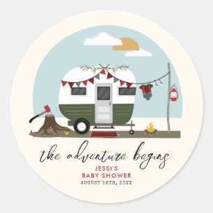 Adventure Green Camper Lumberjack Baby Shower Classic Round Sticker