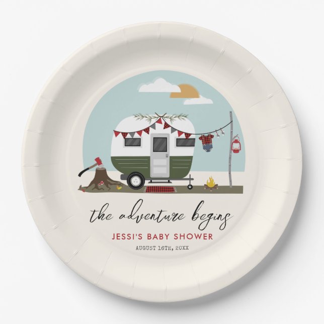 Adventure Green Camper Lumberjack Baby Shower Paper Plates (Front)
