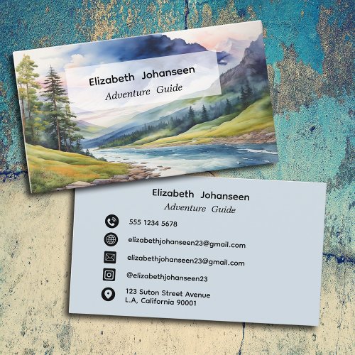 Adventure Guide Blue Watercolor Forest Mountain Business Card