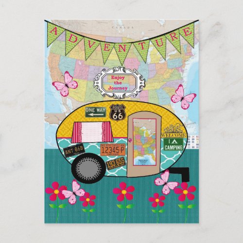 Adventure Happy Camper RV Retro Postcard