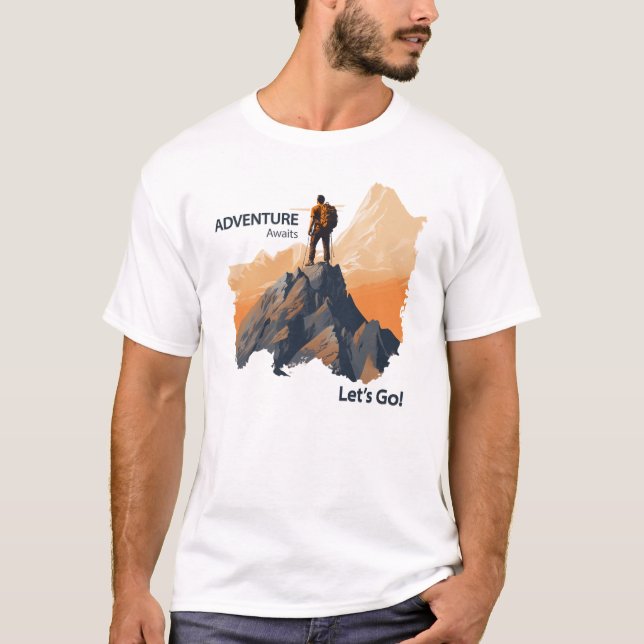 Adventure Hiking, Adventure Awaits, Let’s Go! T-Shirt (Front)