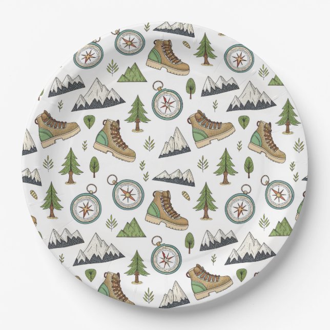 Adventure Hiking Seamless Pattern Paper Plates (Front)