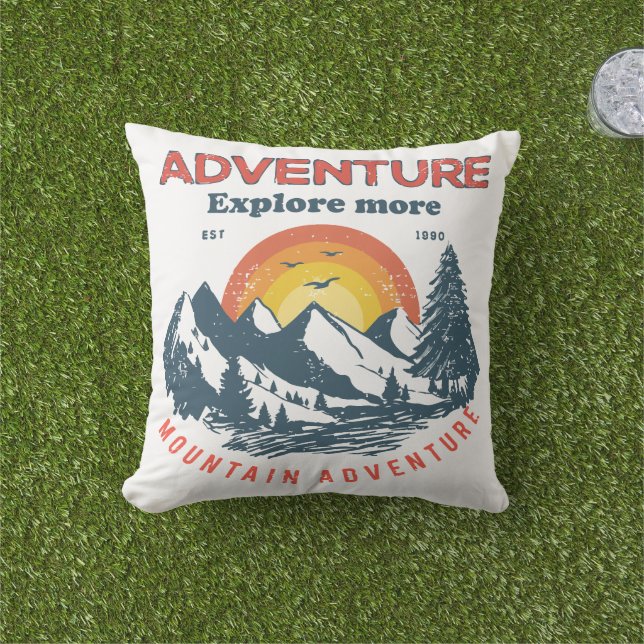 Adventure Horizon: Retro Mountain Expedition Outdoor Pillow (Grass)