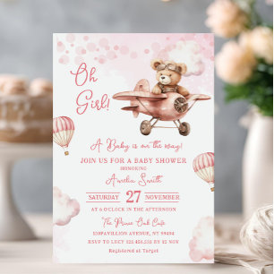 Adventure Hot Air Balloon Cute Bear Baby Shower Invitation