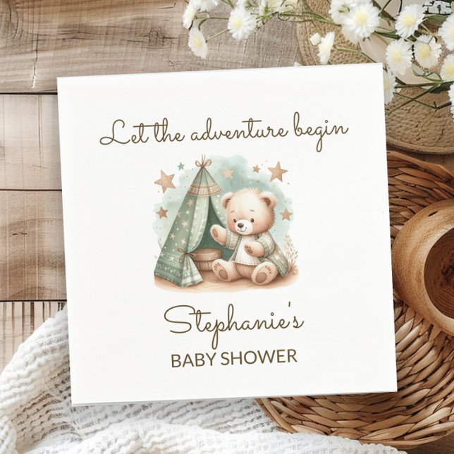 Adventure is Calling Teddy Bear Baby Shower Napkins (Teddy bear "Let the adventure begin" baby shower paper napkin)