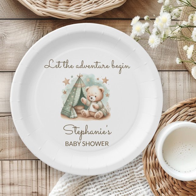 Adventure is Calling Teddy Bear Baby Shower Paper Plates (Cute teddy bear "Let the Adventure Begin" baby shower paper plate)