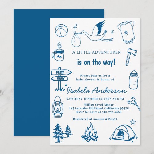Adventure Little Camper Doodle boy  baby shower  Invitation