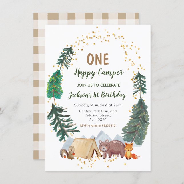 Adventure One Camper first birthday invitation (Front/Back)