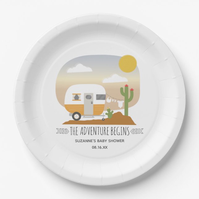 Adventure Orange Camper Clothesline Baby Shower  Paper Plates (Front)