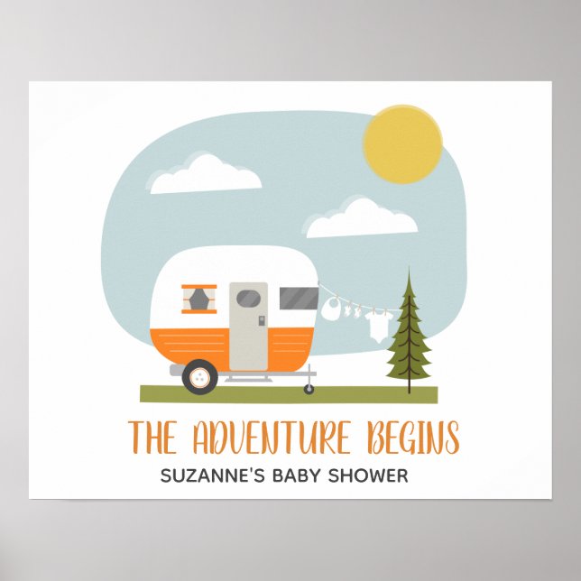Adventure Orange Retro Camper Neutral Baby Shower Poster (Front)