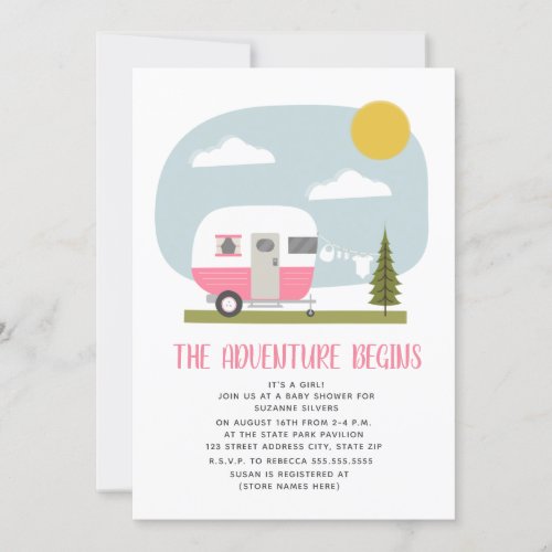 Adventure Pink Camper Clothesline Baby Shower Invitation