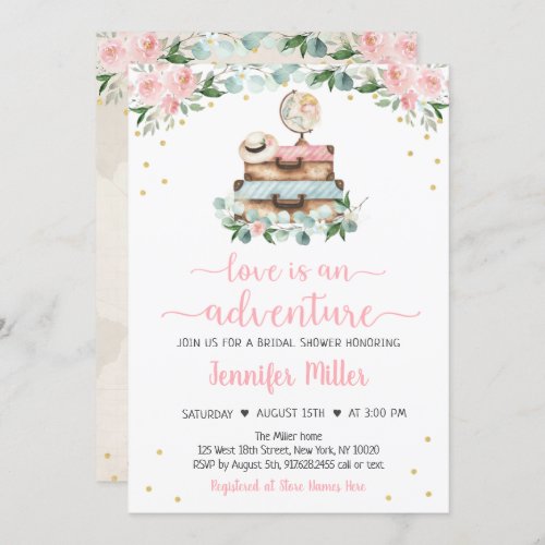 Adventure Pink Gold Floral Travel Bridal Shower In Invitation