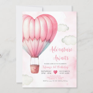 Adventure Pink Hot Air Balloon Baby Shower Invitation