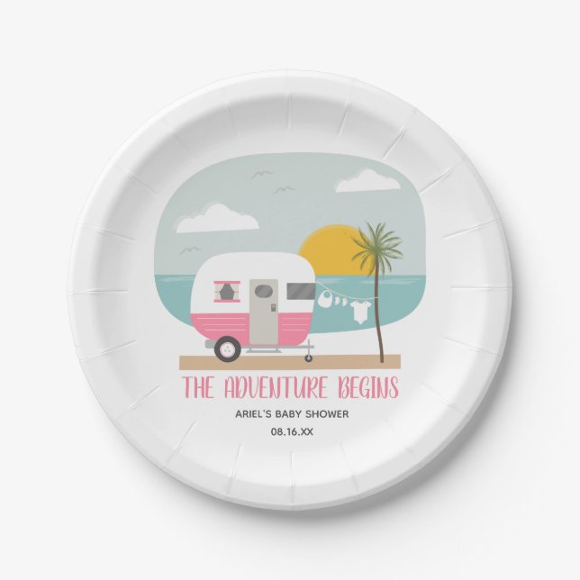 Adventure Pink Retro Beach Camper Girl Baby Shower Paper Plates (Front)