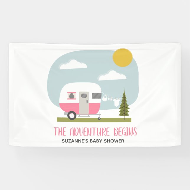 Adventure Pink Retro Camper Girl Baby Shower Banner (Horizontal)