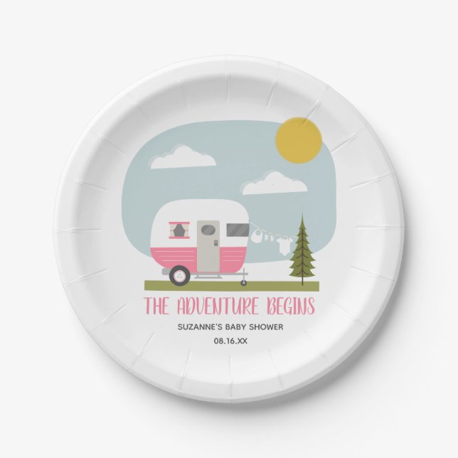 Adventure Pink Retro Camper Girl Baby Shower Paper Plates (Front)