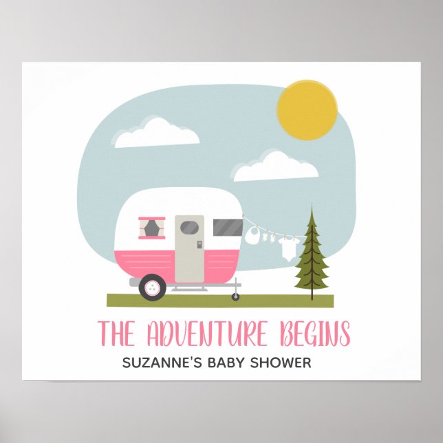 Adventure Pink Retro Camper Girl Baby Shower Poster (Front)
