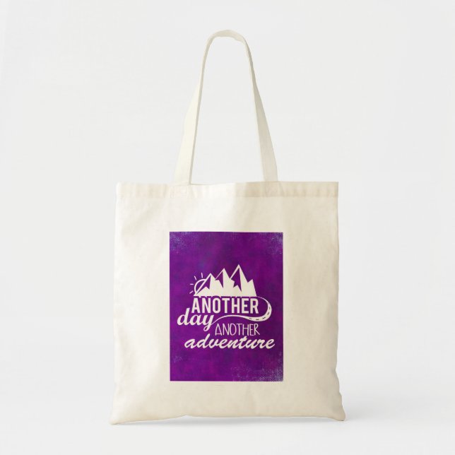 Adventure Quote - Mountains on Purple Background Tote Bag (Front)