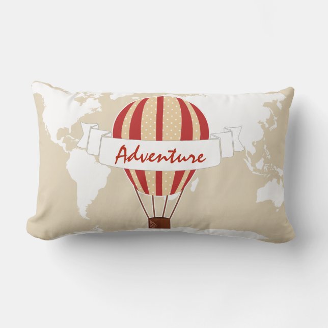 Adventure Red Hot Air Balloon & World Map Lumbar Pillow (Front)