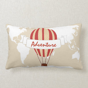 Adventure Red Hot Air Balloon & World Map Lumbar Pillow