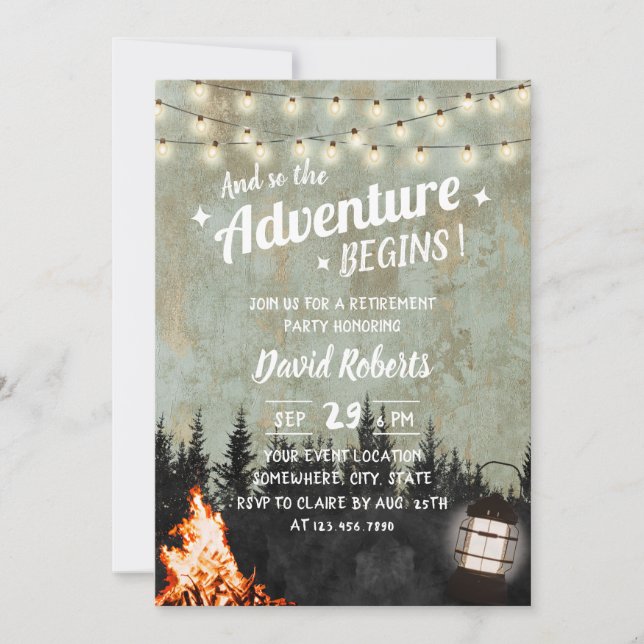 Adventure Retiremen Rustic Camping Bonfire Lantern Invitation (Front)