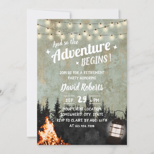 Adventure Retiremen Rustic Camping Bonfire Lantern Invitation