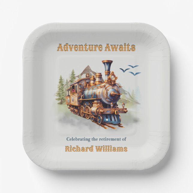 Adventure Retirement Vintage Train Mountains  Paper Plates (Front)