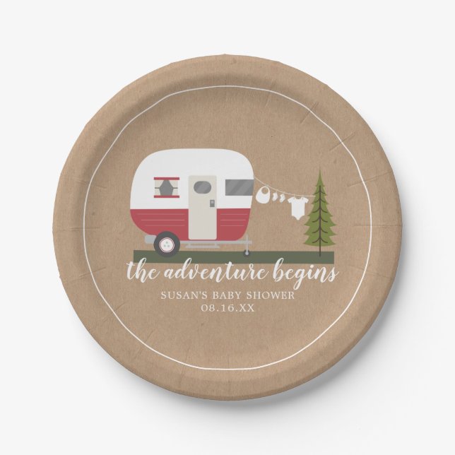 Adventure Retro Camper Trailer Neutral Baby Shower Paper Plates (Front)