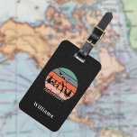 Adventure retro mountains black leather texture luggage tag<br><div class="desc">Black faux leather print as background. Decorated with a retro style image with mountains,  trees and birds.  With the text: Adventure. Personalize and add your name on the front.  Your contact information on the back.</div>