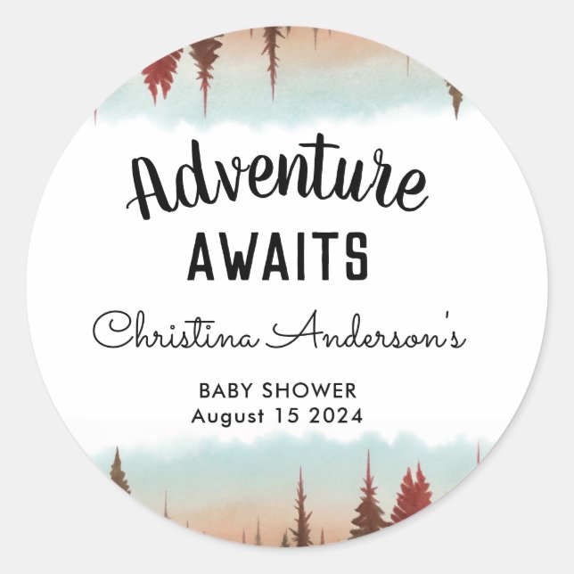 Adventure Rustic Forest Baby Shower Classic Round Sticker (Front)